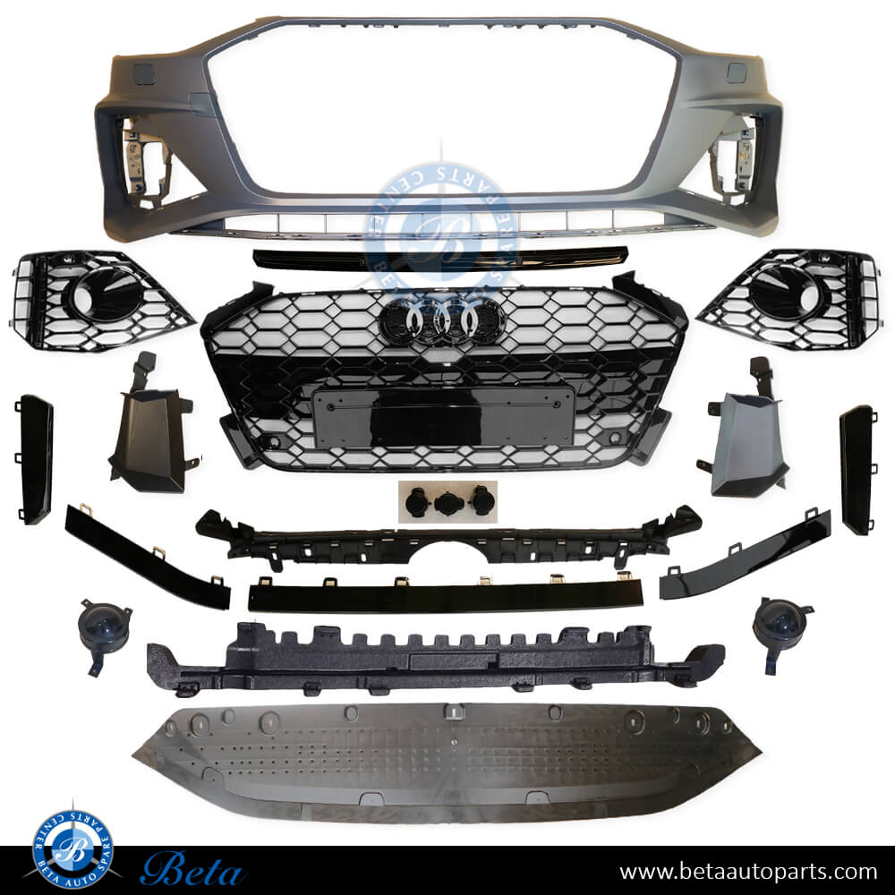 Front Bumper with PDC and Park Assist RS4 Look for Audi A4 2020-Up models, Part Number 8W0807065BK Front Bumper with PDC and Park Assist RS4 Look for Audi A4 2020-Up models, Part Number 8W0807065BK